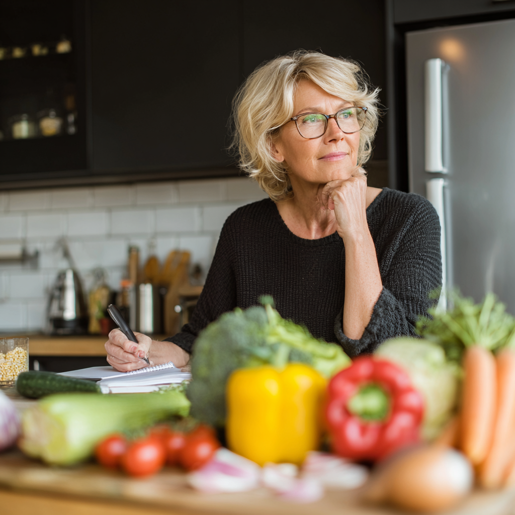 middle-aged woman planning balanced meal with fresh vegetables and grains on kitchen counter
