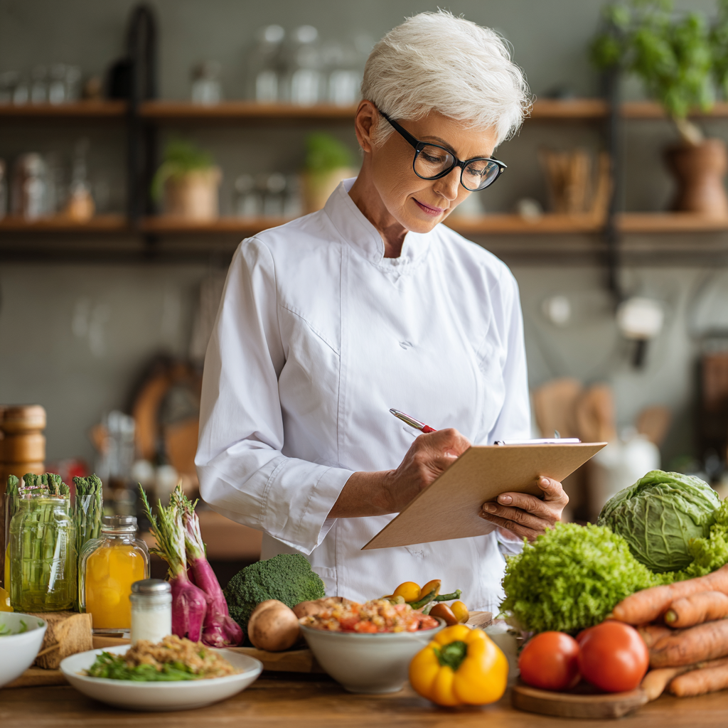 senior nutritionist reviewing various healthy meal plans with diverse ingredients and dietary options